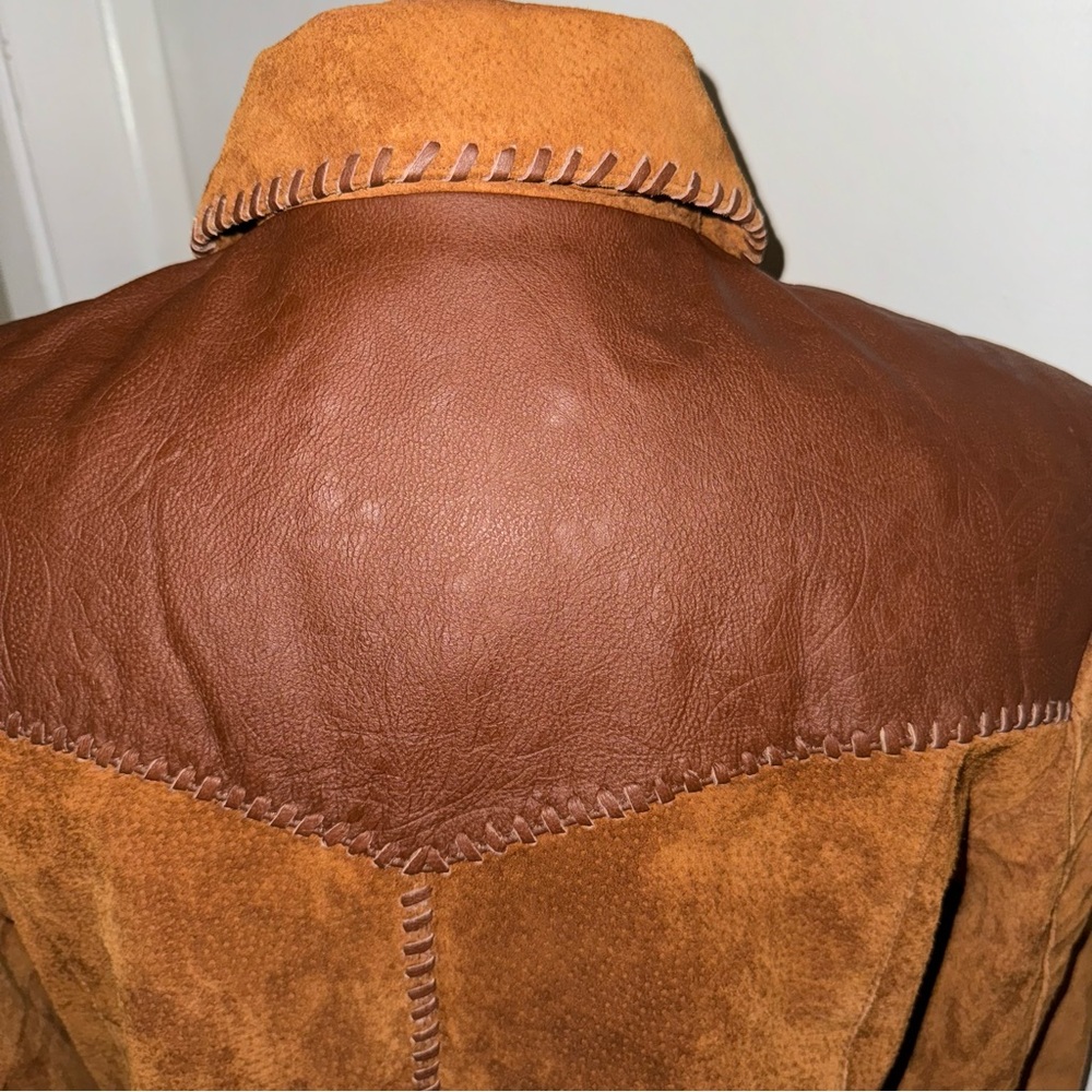 Lee Vintage Chestnut Brown Genuine Leather Suede Embossed Zip Up Lined Jacket M - Picture 3 of 12